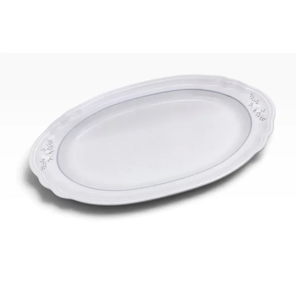 Pfaltzgraff Heirloom Oval Scalloped Rim Muted Gray White Floral Serving Platter